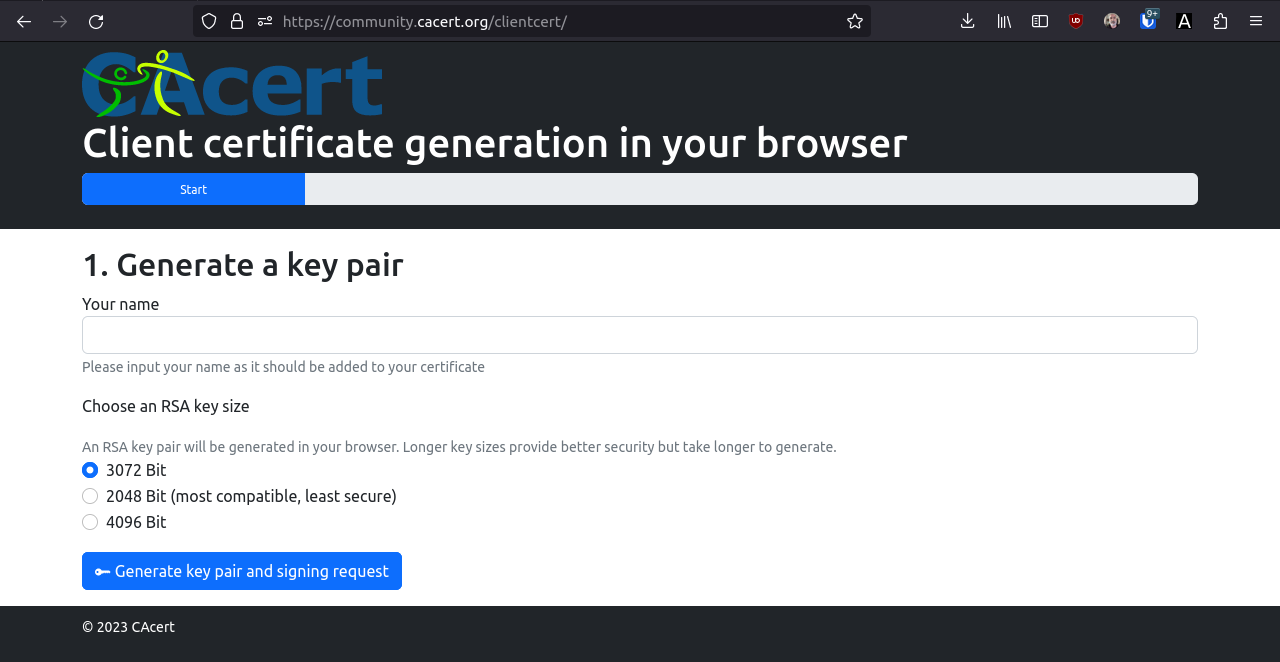 Screenshot of the CAcert browser client certificate web application